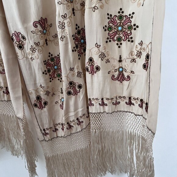 Vintage Silk Embroidered Beaded Scarf Shawl Stole Wrap Fringe Beige Soft 104x26” - Picture 11 of 16